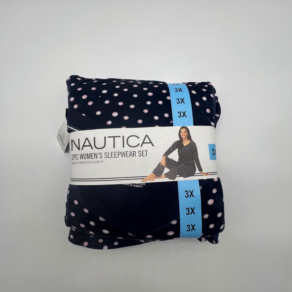 Nautica Womens 2PC Sleepwear Set Navy Pink Polka Dot Silky Stretch Fleece 3X
